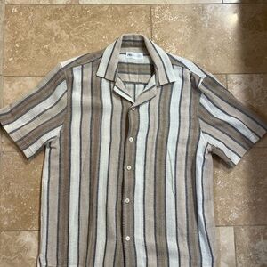 Zara Beige and Blue Striped Casual Shirt